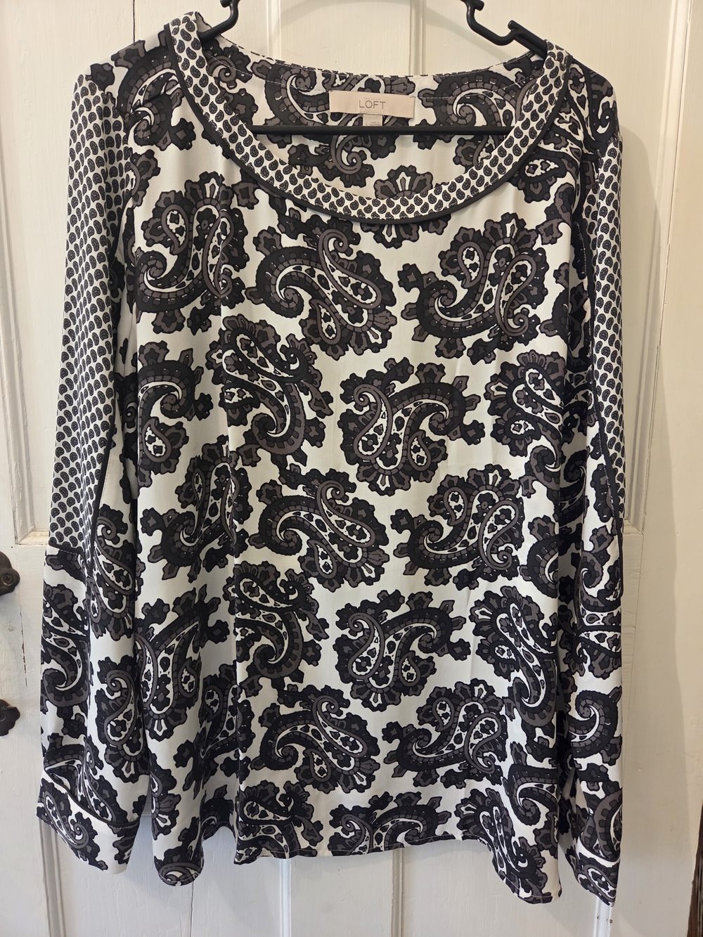 LOFT Black & White Paisley Long-Sleeve Blouse with Contrast Trim